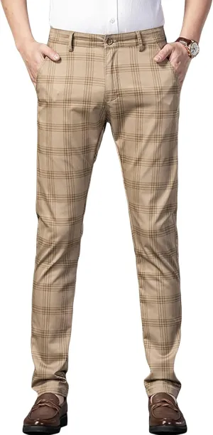 Men's Casual Slim Straight Plaid Trousers Loose Stretch Business Pants Lightweight Fit Plaid Chino Pants