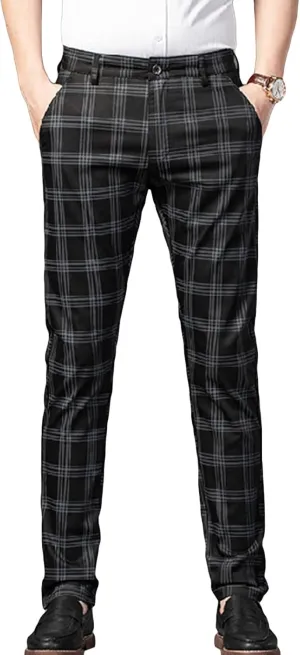 Men's Casual Slim Straight Plaid Trousers Loose Stretch Business Pants Lightweight Fit Plaid Chino Pants