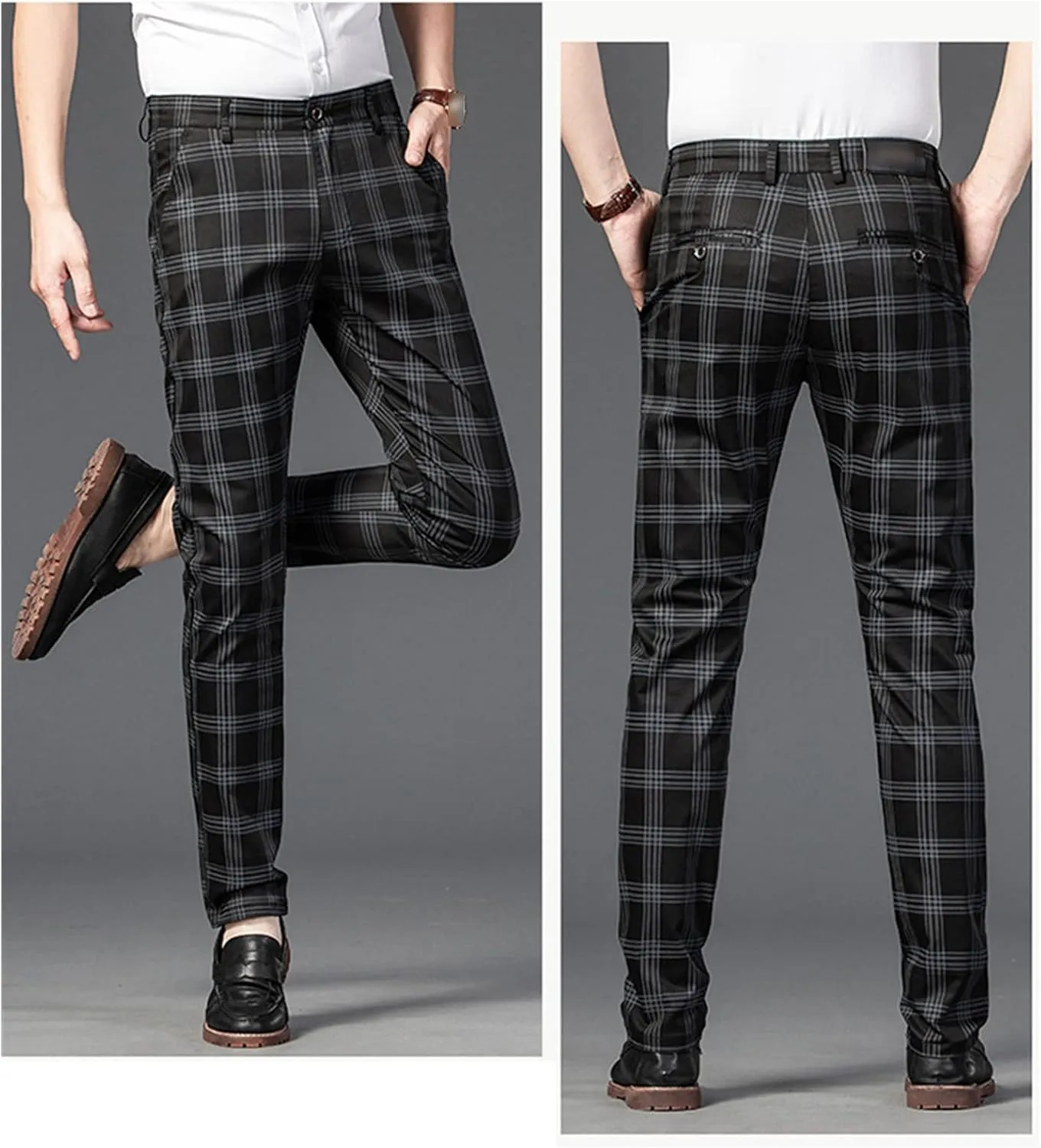 Men's Casual Slim Straight Plaid Trousers Loose Stretch Business Pants Lightweight Fit Plaid Chino Pants