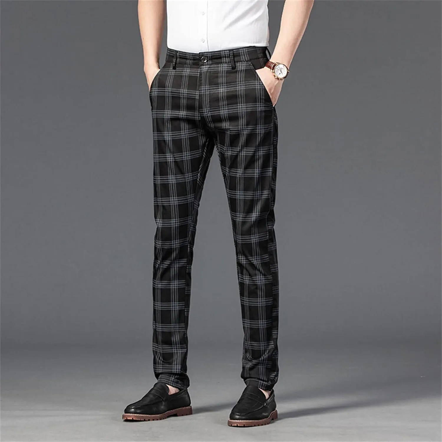 Men's Casual Slim Straight Plaid Trousers Loose Stretch Business Pants Lightweight Fit Plaid Chino Pants
