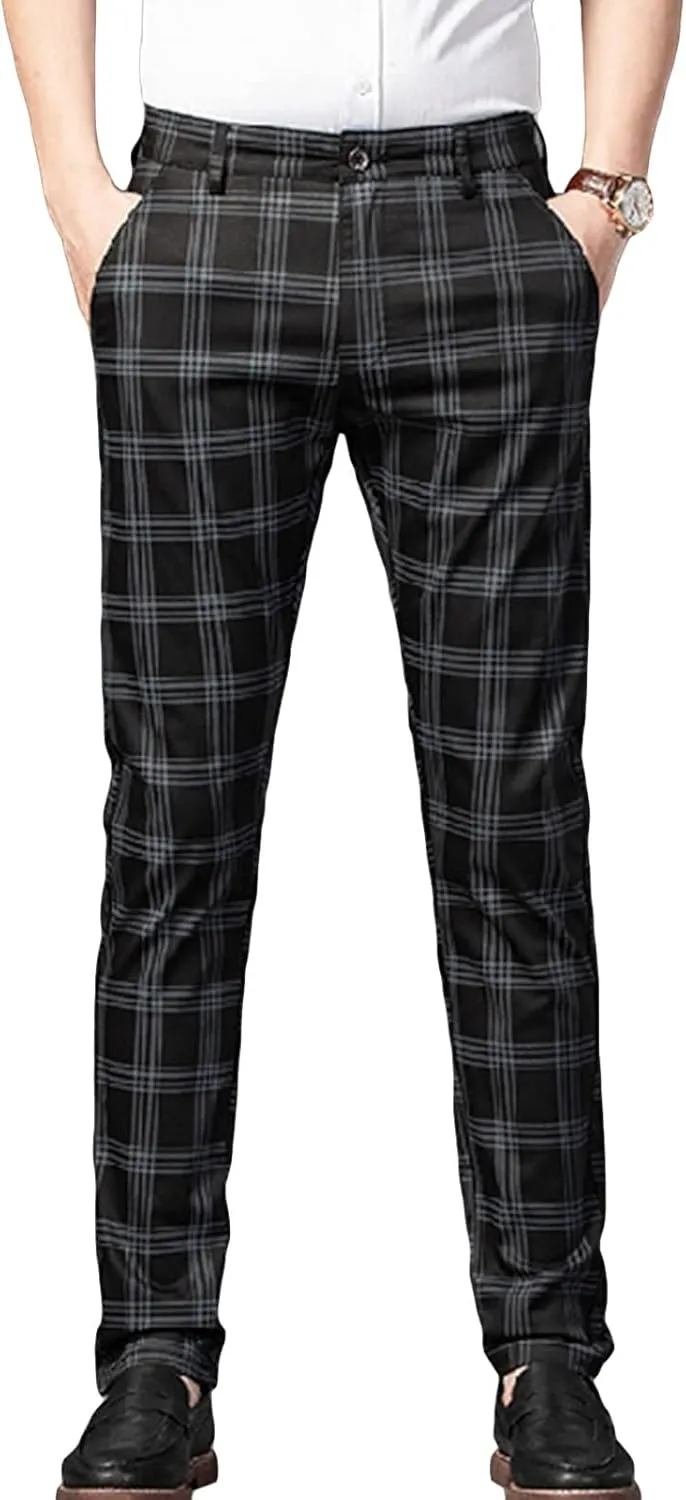 Men's Casual Slim Straight Plaid Trousers Loose Stretch Business Pants Lightweight Fit Plaid Chino Pants