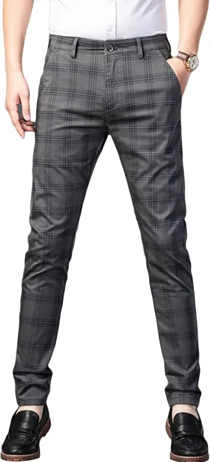 Men's Casual Slim Straight Plaid Trousers Loose Stretch Business Pants Lightweight Fit Plaid Chino Pants