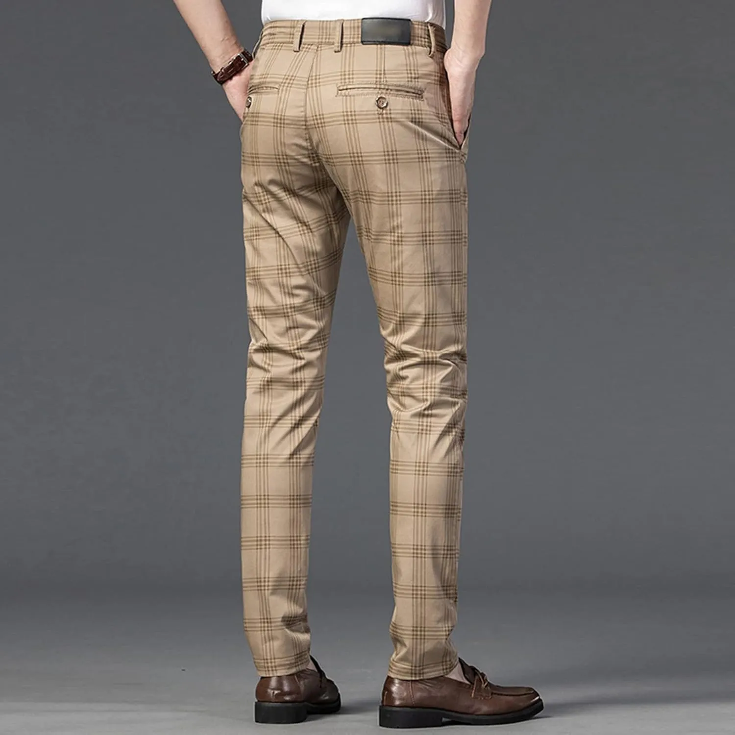 Men's Casual Slim Straight Plaid Trousers Loose Stretch Business Pants Lightweight Fit Plaid Chino Pants