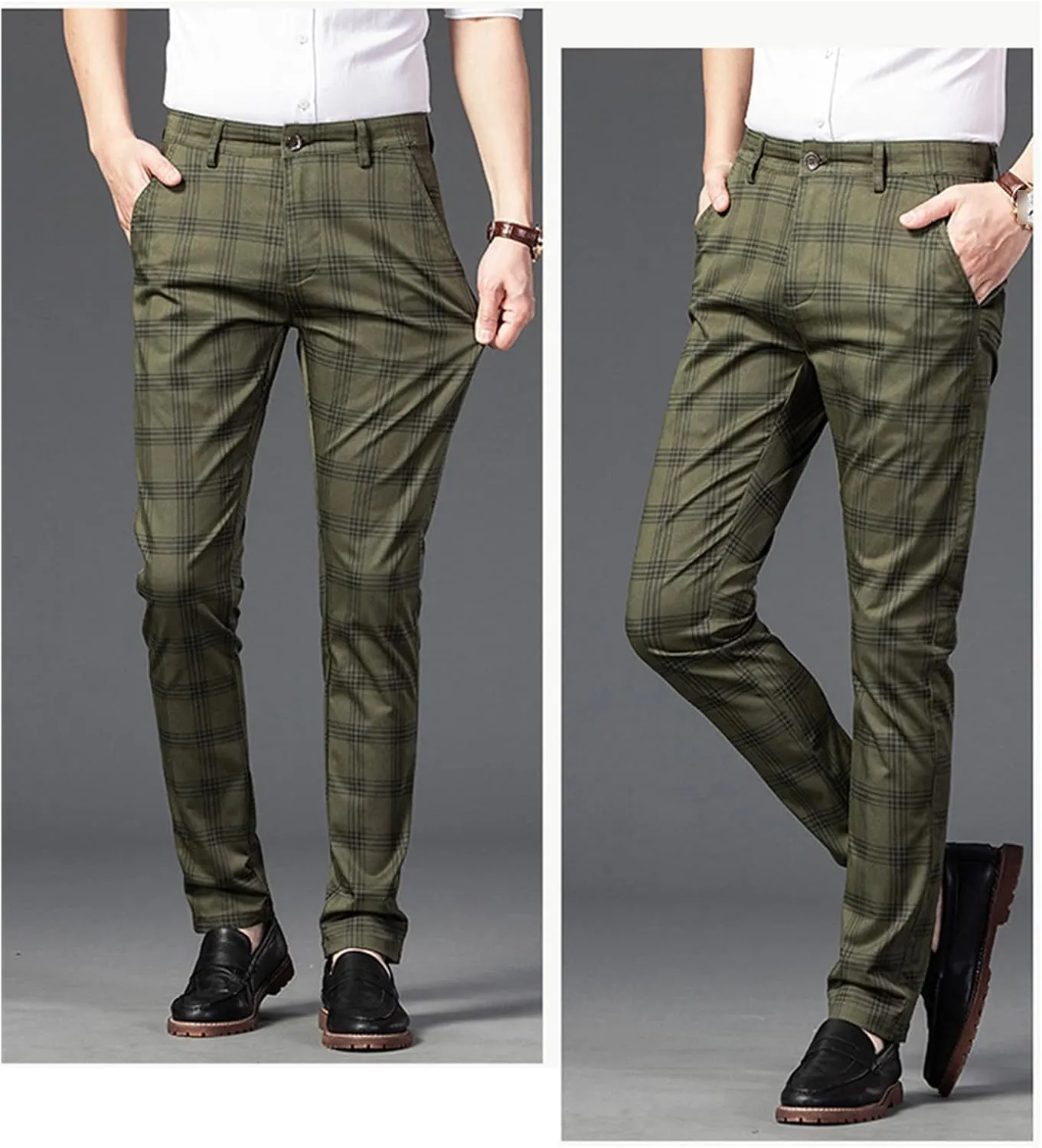 Men's Casual Slim Straight Plaid Trousers Loose Stretch Business Pants Lightweight Fit Plaid Chino Pants