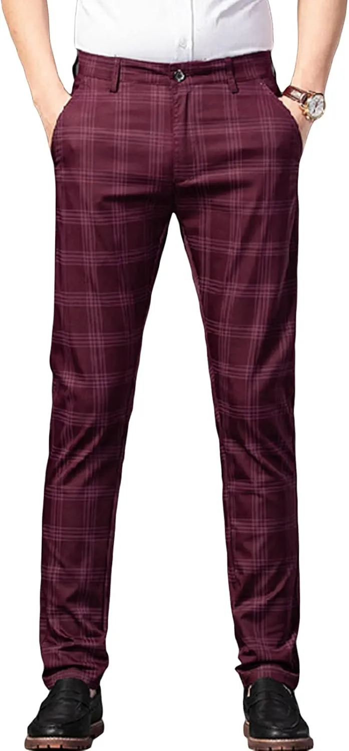 Men's Casual Slim Straight Plaid Trousers Loose Stretch Business Pants Lightweight Fit Plaid Chino Pants