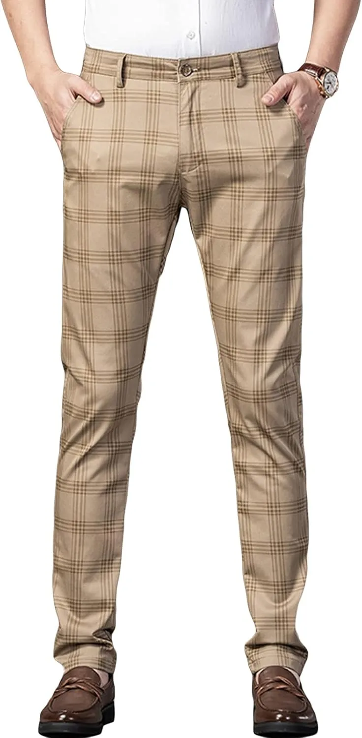 Men's Casual Slim Straight Plaid Trousers Loose Stretch Business Pants Lightweight Fit Plaid Chino Pants