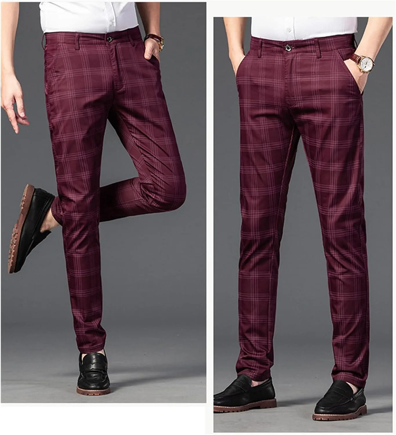Men's Casual Slim Straight Plaid Trousers Loose Stretch Business Pants Lightweight Fit Plaid Chino Pants