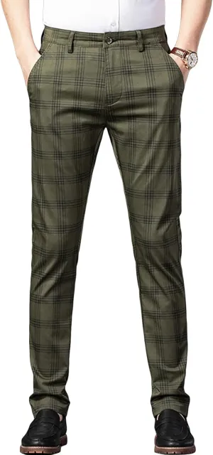 Men's Casual Slim Straight Plaid Trousers Loose Stretch Business Pants Lightweight Fit Plaid Chino Pants
