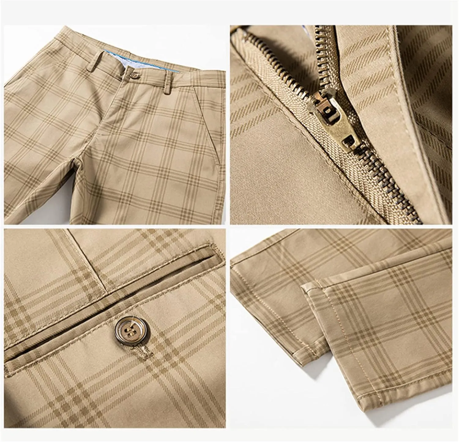 Men's Casual Slim Straight Plaid Trousers Loose Stretch Business Pants Lightweight Fit Plaid Chino Pants