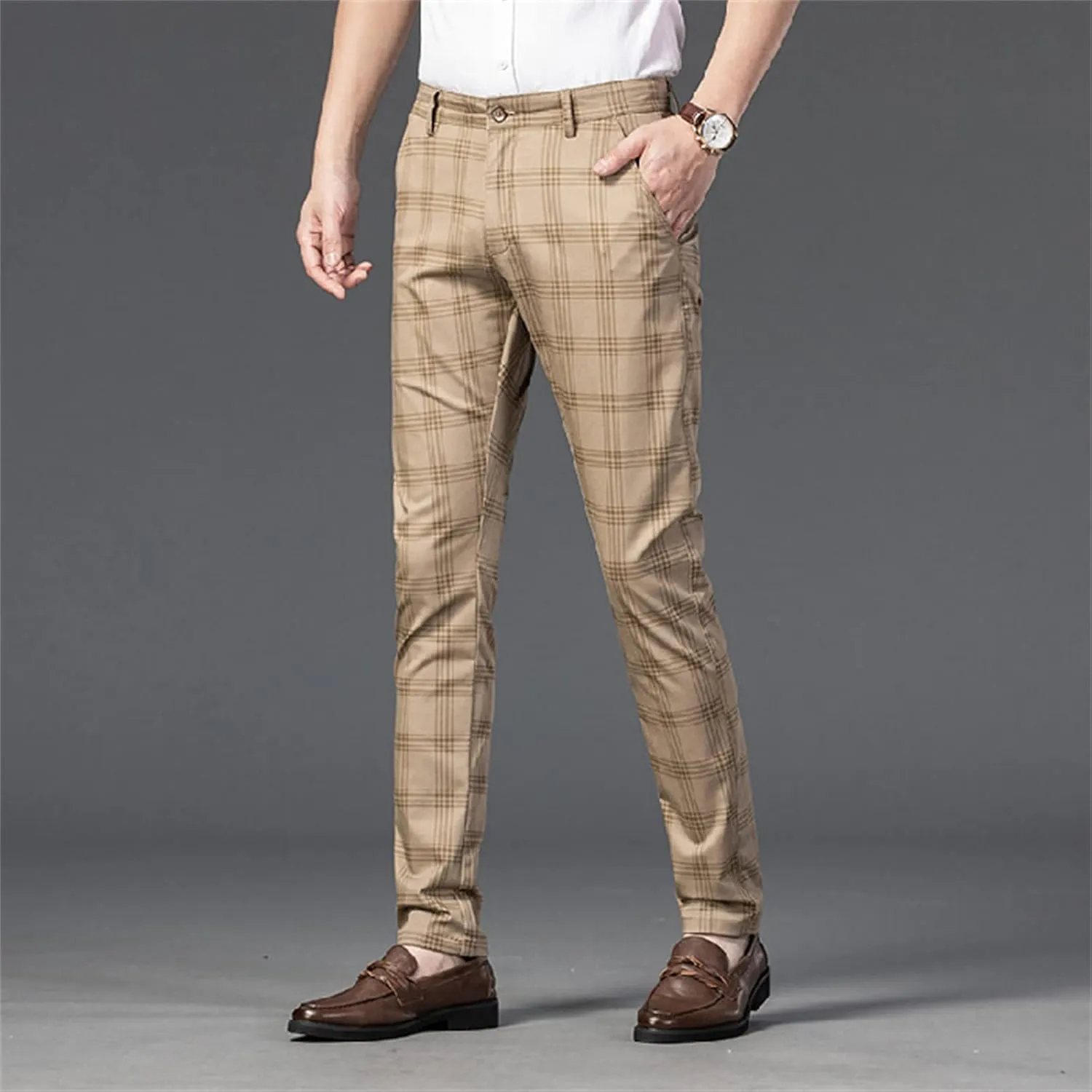 Men's Casual Slim Straight Plaid Trousers Loose Stretch Business Pants Lightweight Fit Plaid Chino Pants
