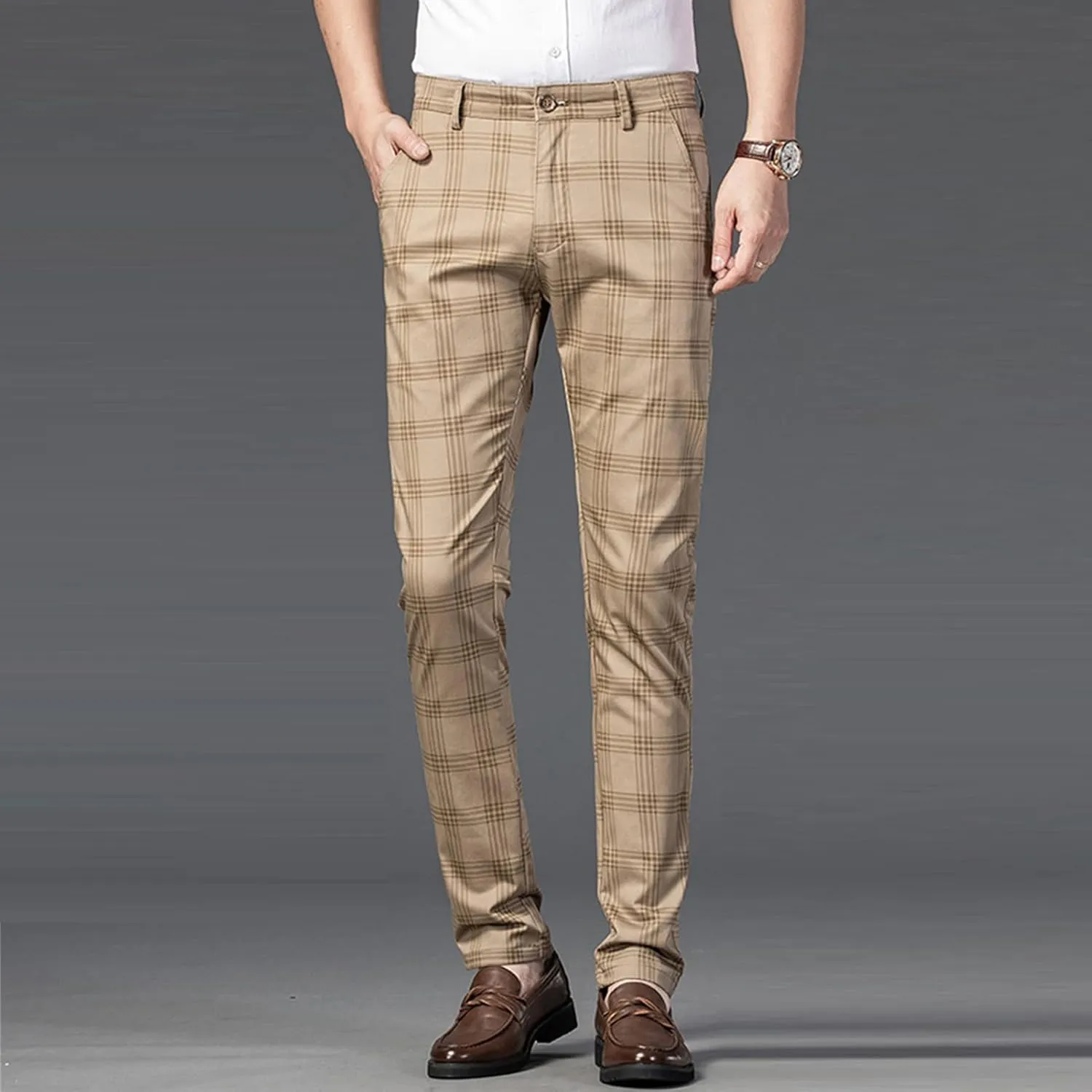 Men's Casual Slim Straight Plaid Trousers Loose Stretch Business Pants Lightweight Fit Plaid Chino Pants