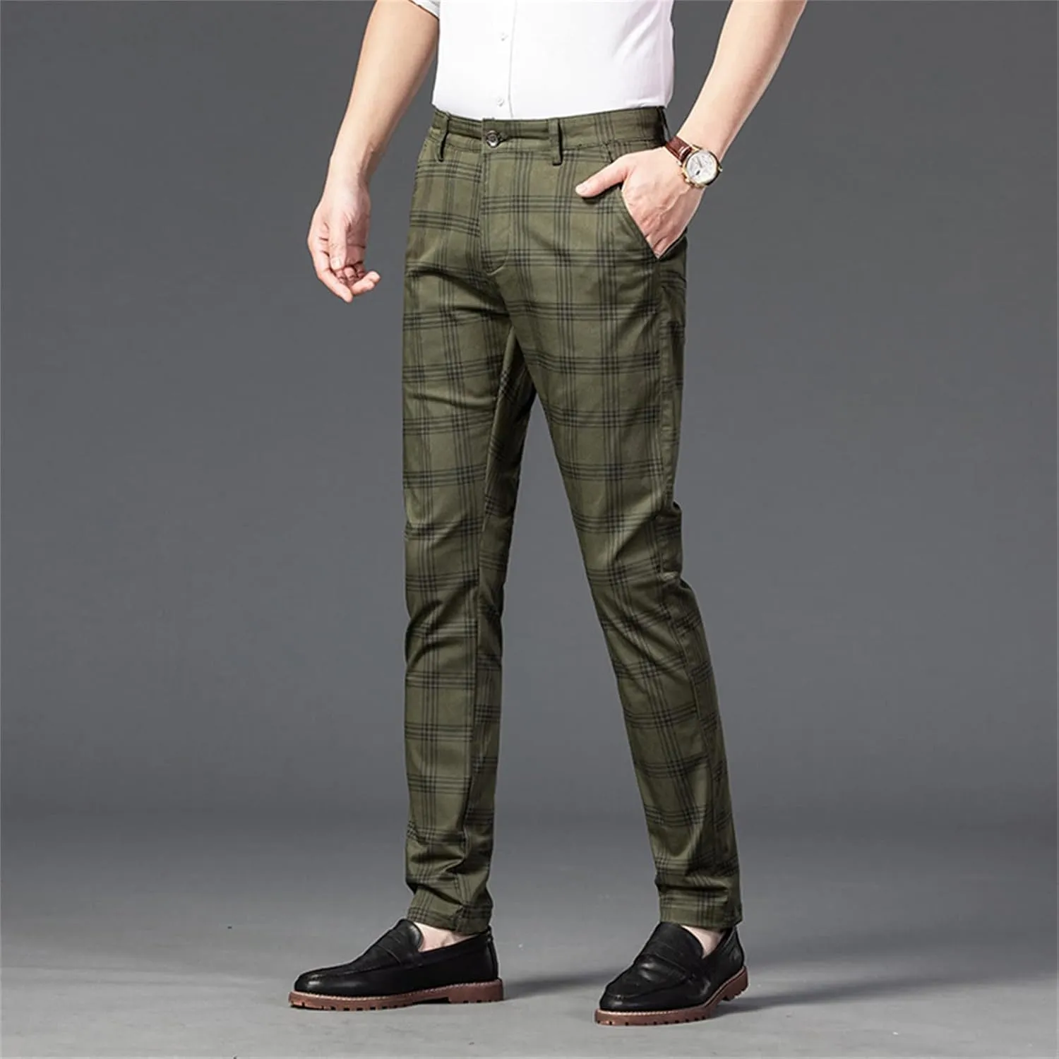 Men's Casual Slim Straight Plaid Trousers Loose Stretch Business Pants Lightweight Fit Plaid Chino Pants