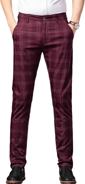 Men's Casual Slim Straight Plaid Trousers Loose Stretch Business Pants Lightweight Fit Plaid Chino Pants