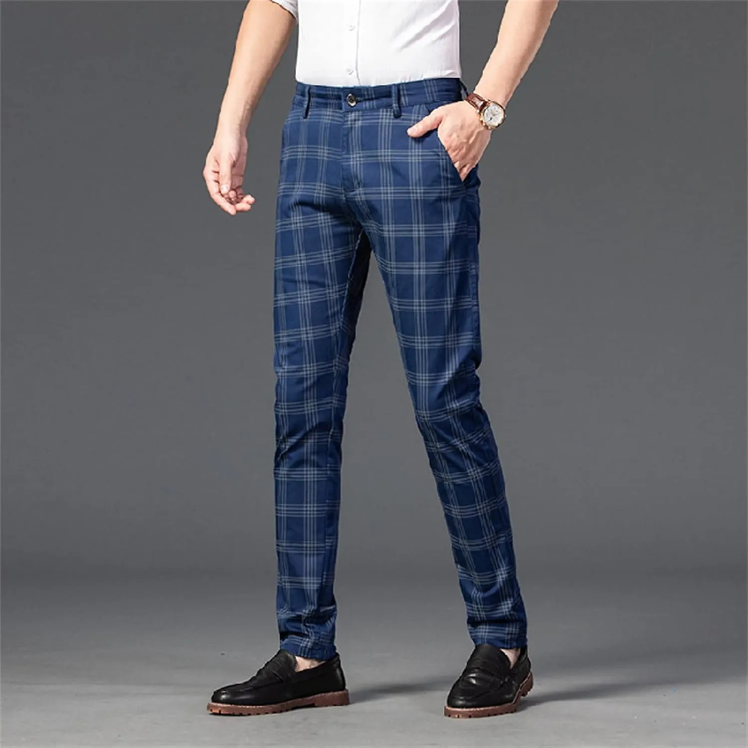 Men's Casual Slim Straight Plaid Trousers Loose Stretch Business Pants Lightweight Fit Plaid Chino Pants