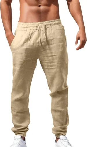 Men's Combat Cargo Pants Casual Linen Stretch Elastic Waist Pant Sweatpants Joggers Loose Training Gym Running