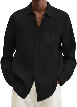 Mens Cotton Linen Button Down Shirts Long Sleeve Loose Fit Lapel T Shirts Retro Lightweight Solid Color Dress Shirt