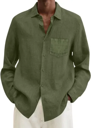 Mens Cotton Linen Button Down Shirts Long Sleeve Loose Fit Lapel T Shirts Retro Lightweight Solid Color Dress Shirt