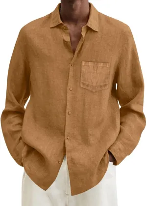 Mens Cotton Linen Button Down Shirts Loose Fit Long Sleeve Lapel T Shirts Retro Lightweight Solid Color Dress Shirt