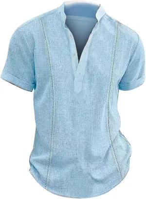 Mens Cotton Linen Henley Shirt Combat Active Loose Outdoor Travel Tops Deep V Neck Stand-Up Collar Short Sleeve Casual Shirts