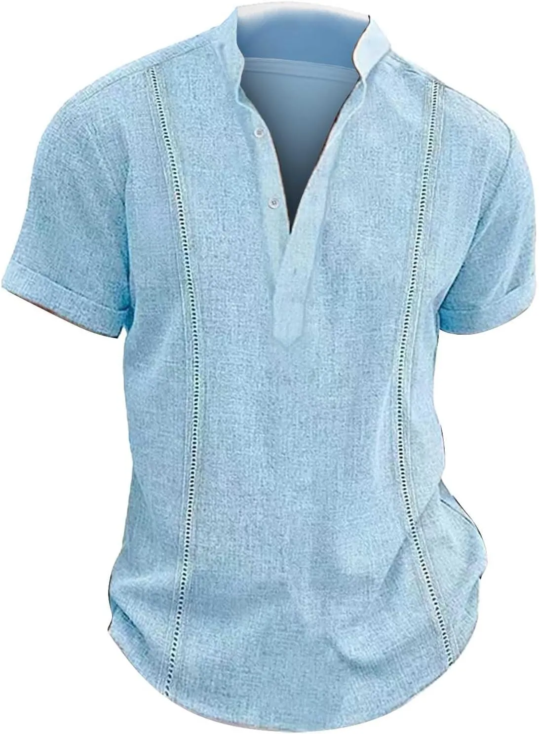 Mens Cotton Linen Henley Shirt Combat Active Loose Outdoor Travel Tops Deep V Neck Stand-Up Collar Short Sleeve Casual Shirts