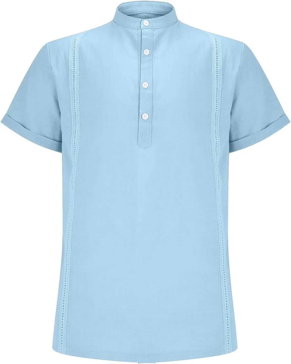 Mens Cotton Linen Henley Shirt Combat Active Loose Outdoor Travel Tops Deep V Neck Stand-Up Collar Short Sleeve Casual Shirts