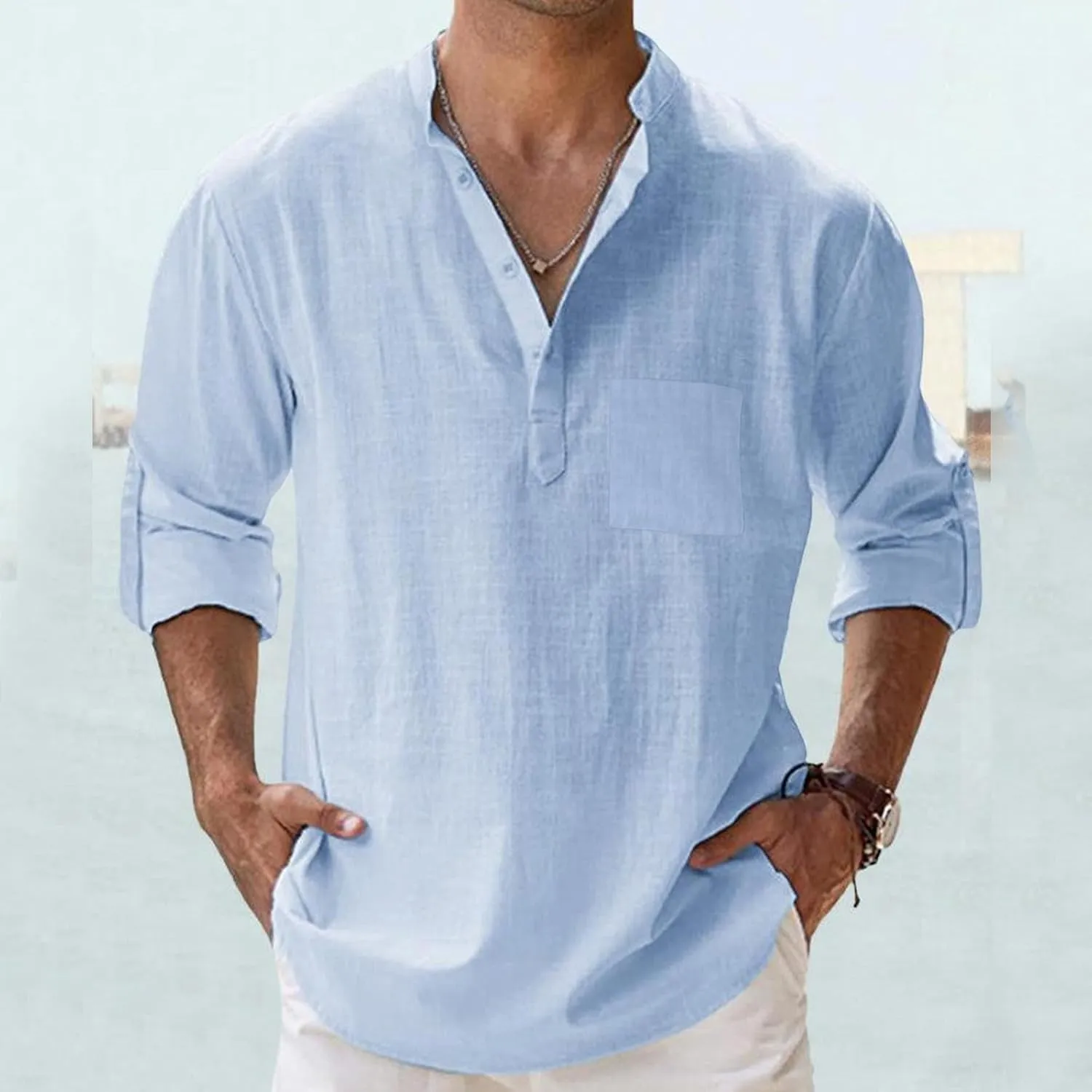 Men's Cotton Linen Henley Shirt Long Sleeve Hippie Casual Beach T Shirt Summer Loose Lightweight Band Collar Yoga Top