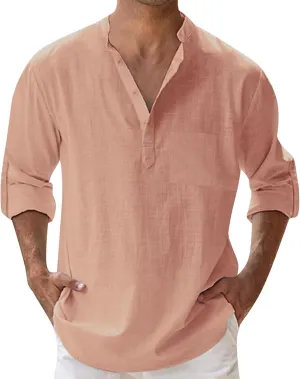 Men's Cotton Linen Henley Shirt Long Sleeve Hippie Casual Beach T Shirt Summer Loose Lightweight Band Collar Yoga Top