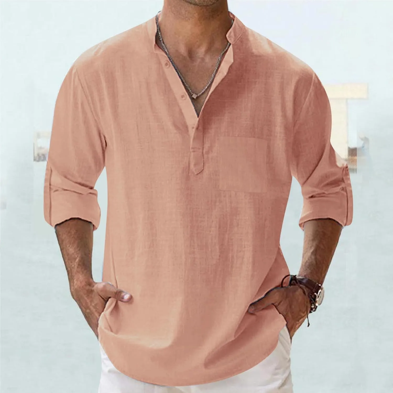Men's Cotton Linen Henley Shirt Long Sleeve Hippie Casual Beach T Shirt Summer Loose Lightweight Band Collar Yoga Top