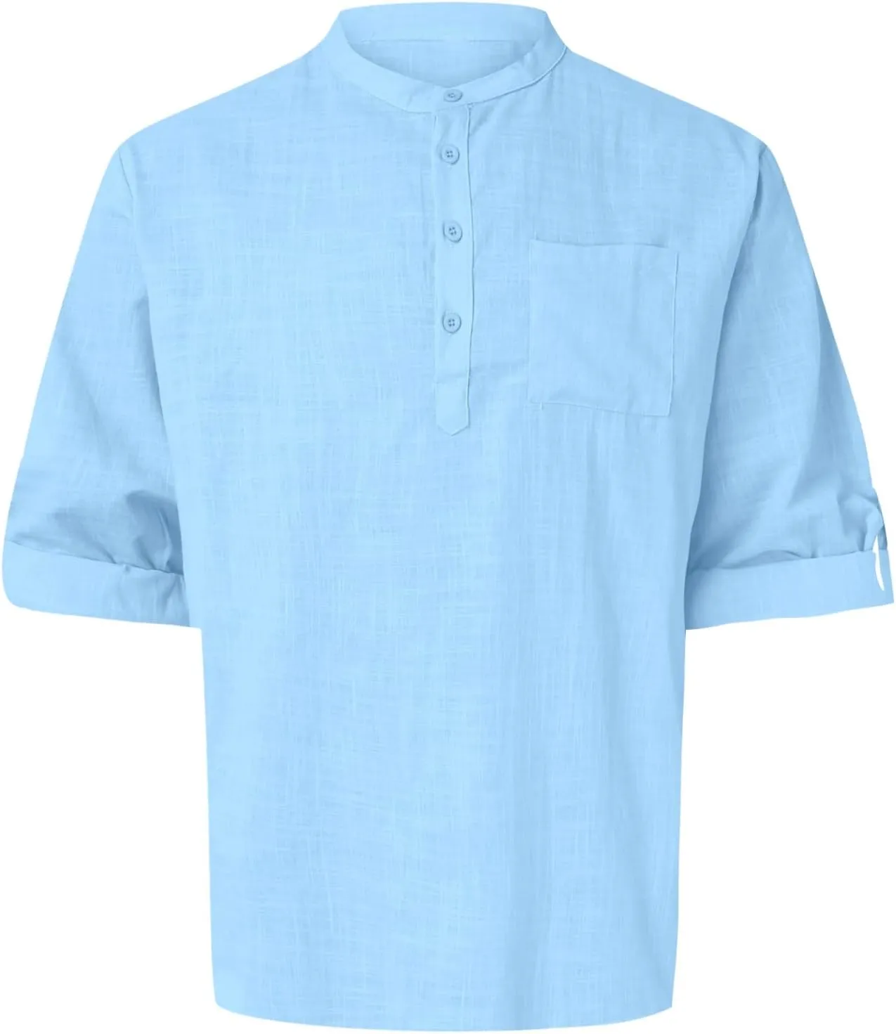 Men's Cotton Linen Henley Shirt Long Sleeve Hippie Casual Beach T Shirt Summer Loose Lightweight Band Collar Yoga Top