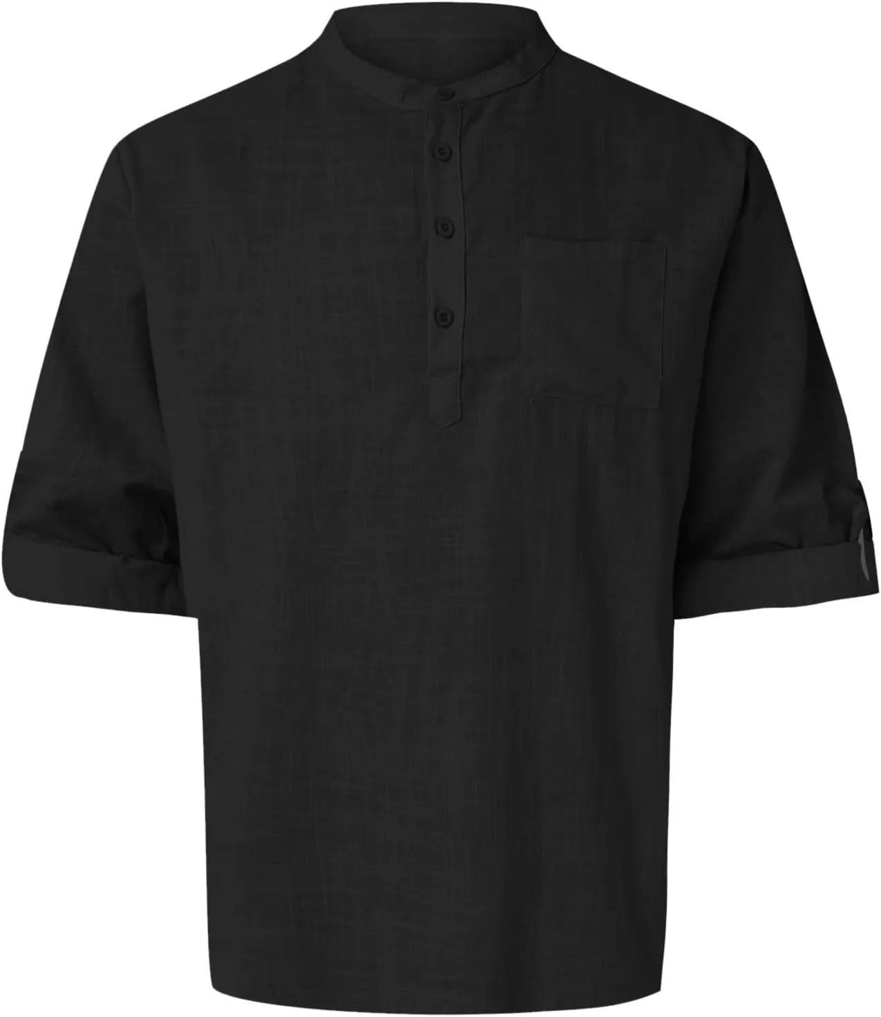 Men's Cotton Linen Henley Shirt Long Sleeve Hippie Casual Beach T Shirt Summer Loose Lightweight Band Collar Yoga Top