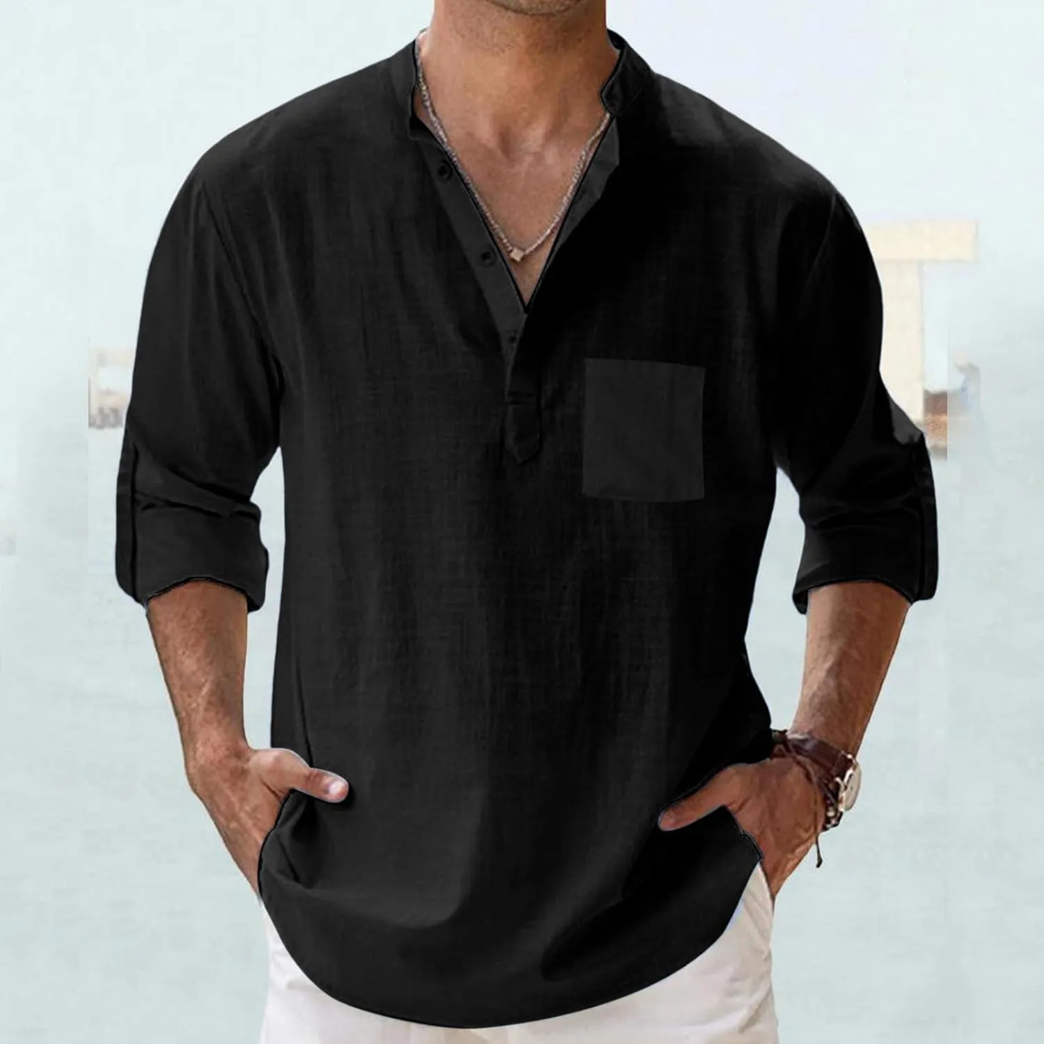 Men's Cotton Linen Henley Shirt Long Sleeve Hippie Casual Beach T Shirt Summer Loose Lightweight Band Collar Yoga Top