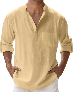 Men's Cotton Linen Henley Shirt Long Sleeve Hippie Casual Beach T Shirt Summer Loose Lightweight Band Collar Yoga Top