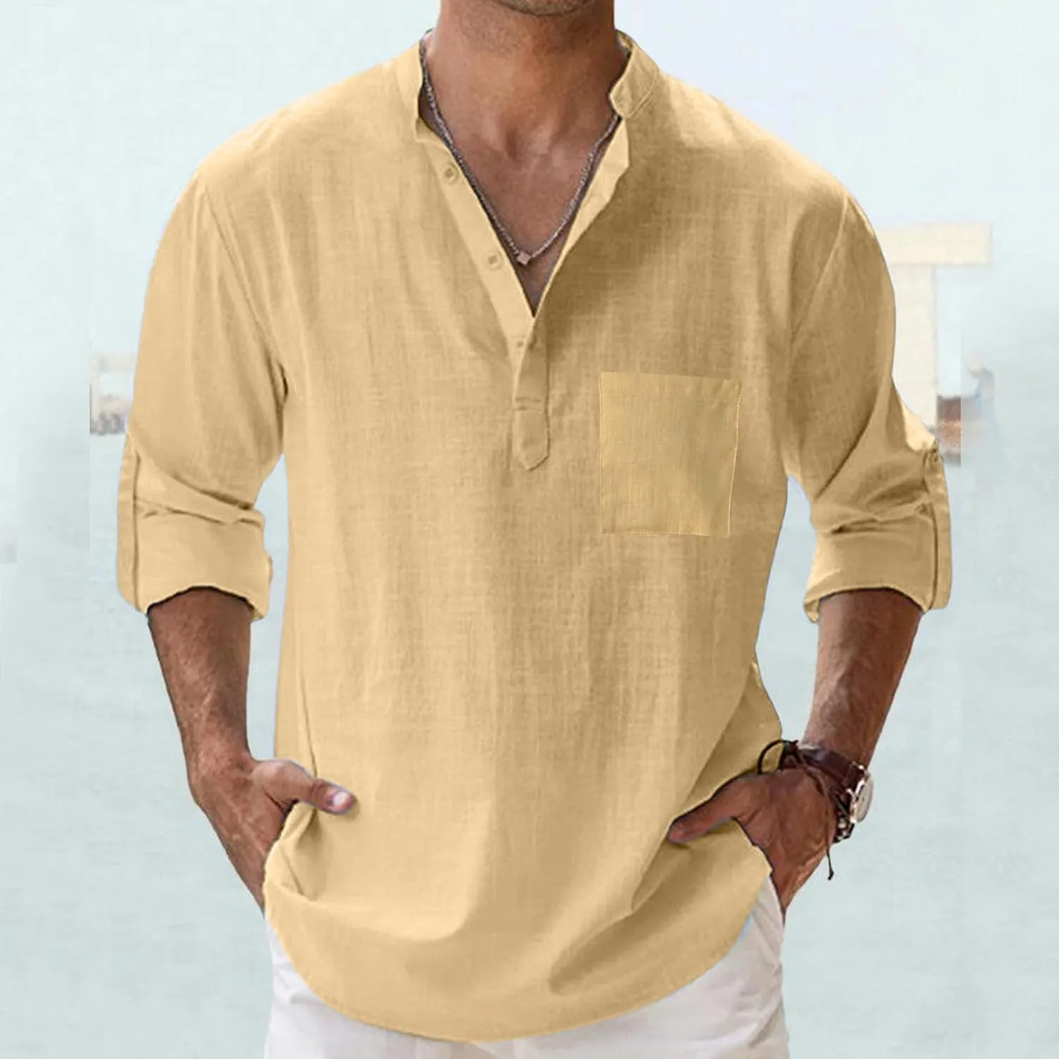 Men's Cotton Linen Henley Shirt Long Sleeve Hippie Casual Beach T Shirt Summer Loose Lightweight Band Collar Yoga Top