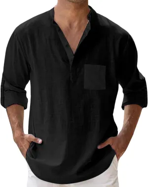 Men's Cotton Linen Henley Shirt Long Sleeve Hippie Casual Beach T Shirt Summer Loose Lightweight Band Collar Yoga Top