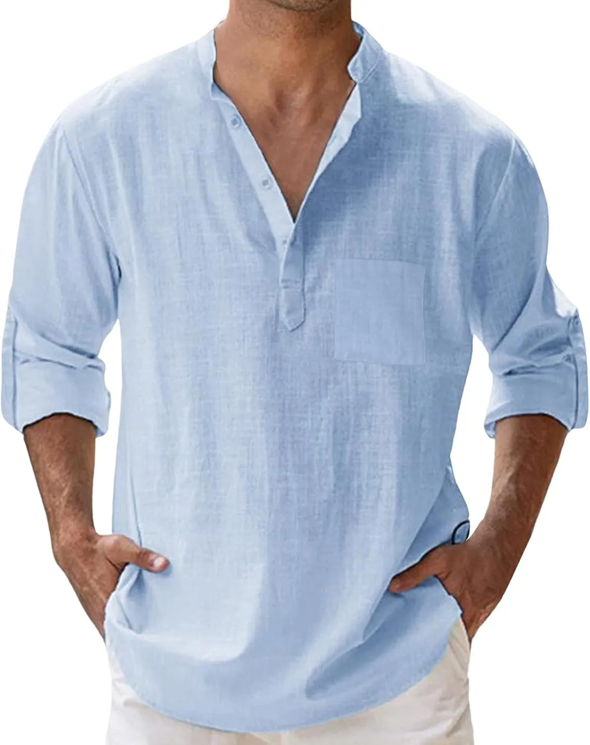 Men's Cotton Linen Henley Shirt Long Sleeve Hippie Casual Beach T Shirt Summer Loose Lightweight Band Collar Yoga Top