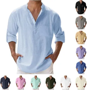 Men's Cotton Linen Henley Shirt Long Sleeve Hippie Casual Beach T Shirt Summer Loose Lightweight Band Collar Yoga Top