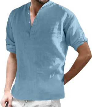 Mens Cotton Linen Shirt Long Sleeve Half Button Active Solid Blouse V Neck Loose Henley Shirt Combat Tactical Casual Shirts