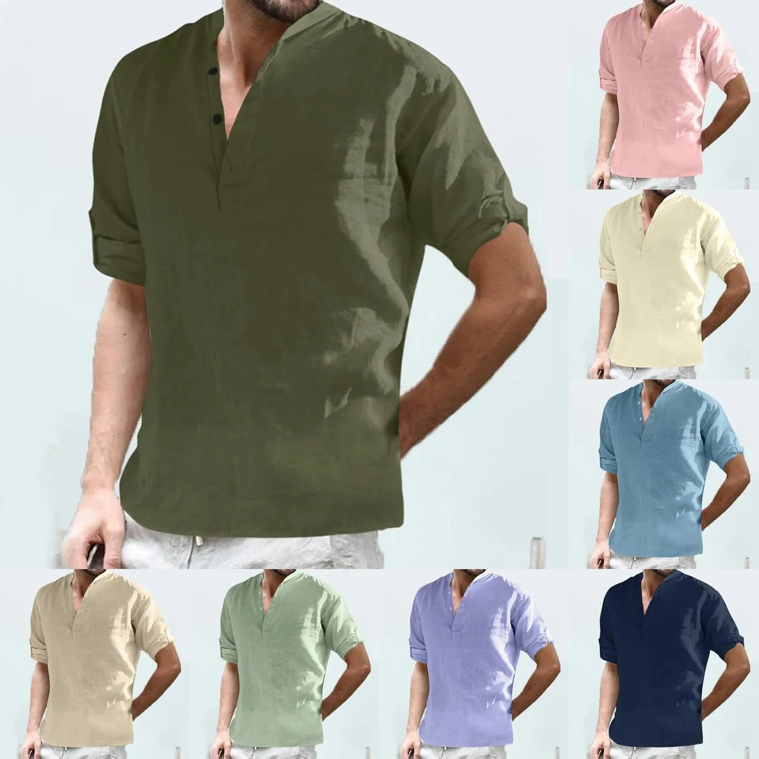 Mens Cotton Linen Shirt Long Sleeve Half Button Active Solid Blouse V Neck Loose Henley Shirt Combat Tactical Casual Shirts