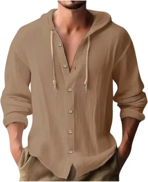 Mens Cotton Linen Shirts Casual Button Down Shirts Long Sleeve Roll-Up Sleeve Summer Shirts with Hood Hawaiian Shirts