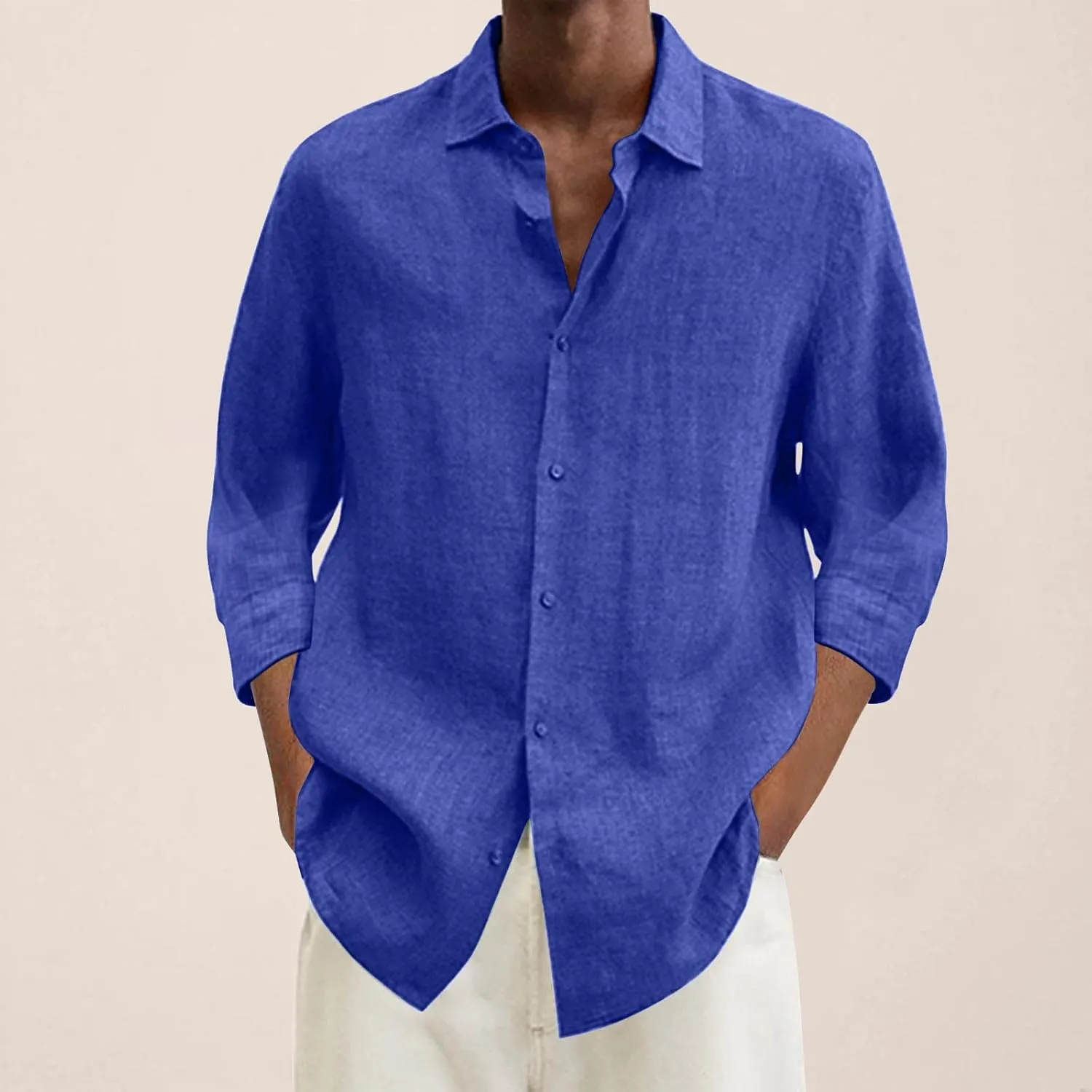 Men's Cotton Linen Shirts Summer Casual Button Down Long Sleeve Shirt Lightweight Loose Turn Down Collar Blouses