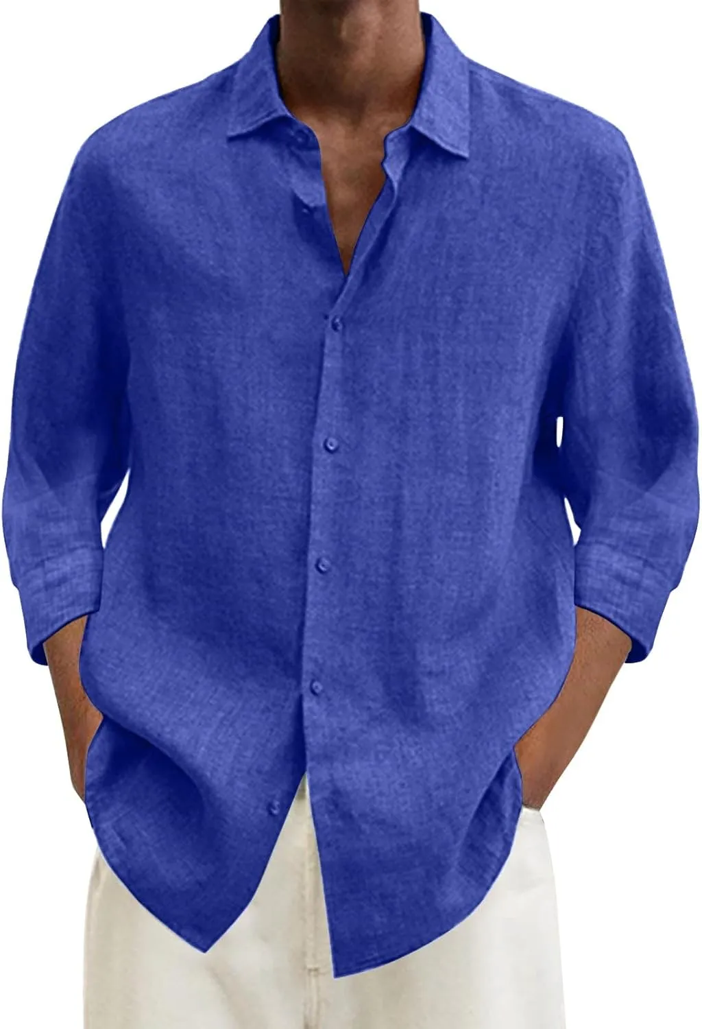 Men's Cotton Linen Shirts Summer Casual Button Down Long Sleeve Shirt Lightweight Loose Turn Down Collar Blouses