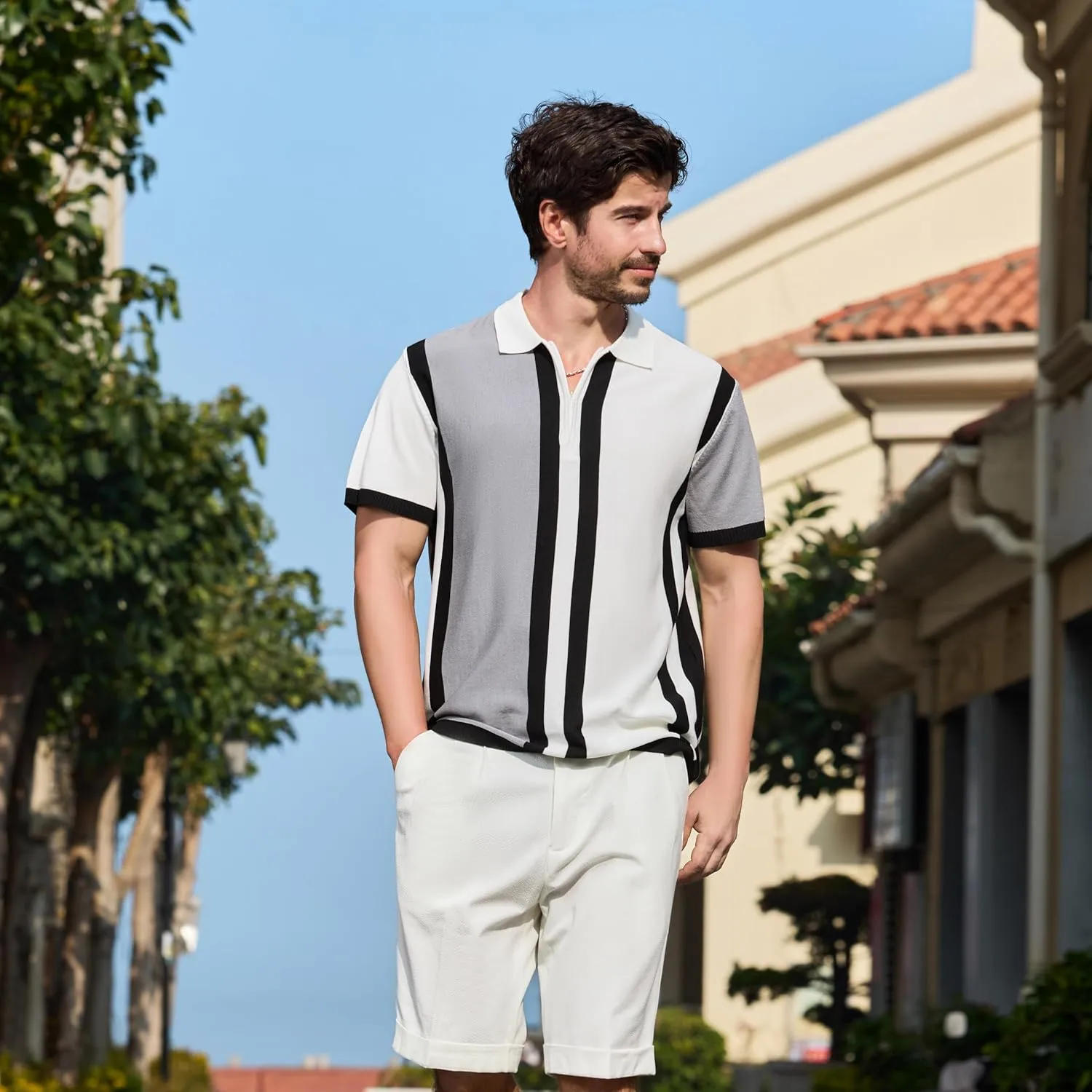 Men's Fashion Knit Polo Shirts Vintage Striped Knitting Shirts Ribbed Slim Fit Golf Shirts