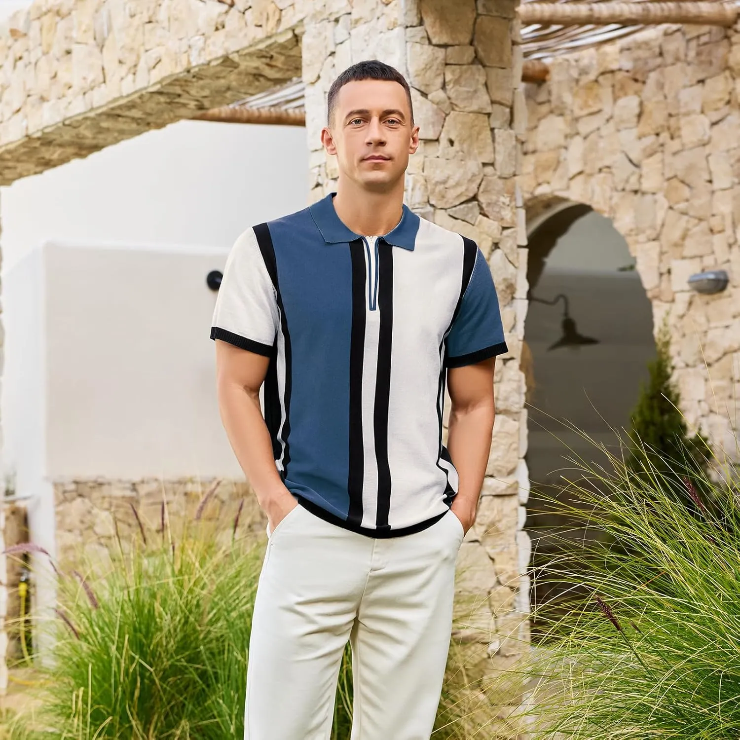 Men's Fashion Knit Polo Shirts Vintage Striped Knitting Shirts Ribbed Slim Fit Golf Shirts