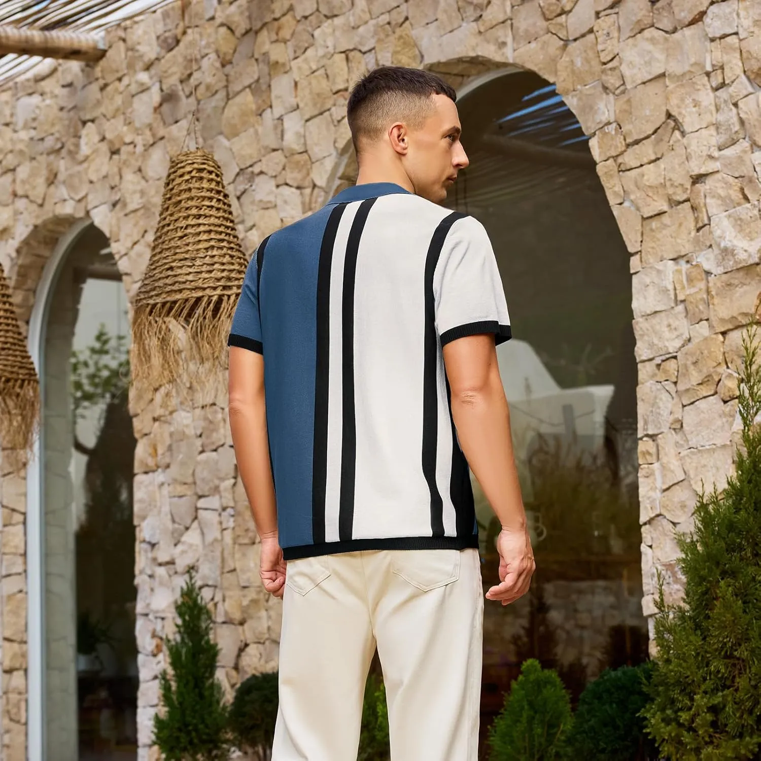Men's Fashion Knit Polo Shirts Vintage Striped Knitting Shirts Ribbed Slim Fit Golf Shirts