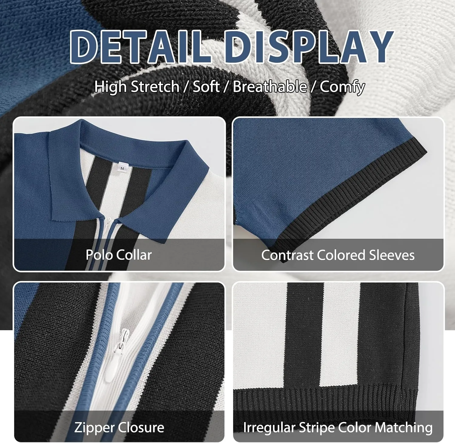 Men's Fashion Knit Polo Shirts Vintage Striped Knitting Shirts Ribbed Slim Fit Golf Shirts