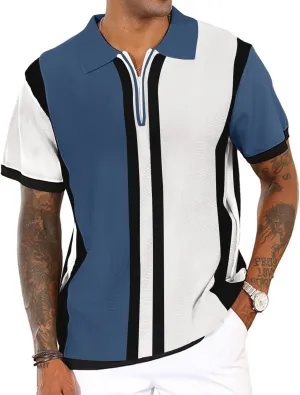 Men's Fashion Knit Polo Shirts Vintage Striped Knitting Shirts Ribbed Slim Fit Golf Shirts