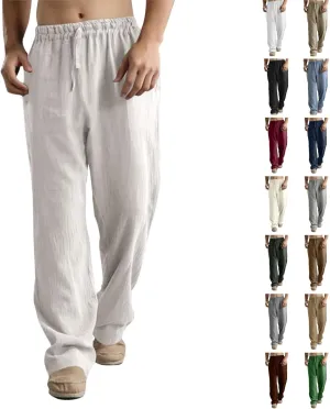 Men's Linen Pants Elastic Waistband Lightweight Straight Leg Beach Trousers Summer Loose Fit Breathable Comfort Pant
