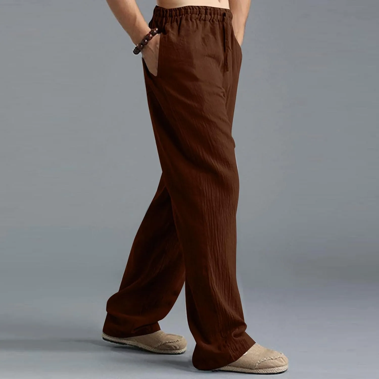 Men's Linen Pants Elastic Waistband Lightweight Straight Leg Beach Trousers Summer Loose Fit Breathable Comfort Pant