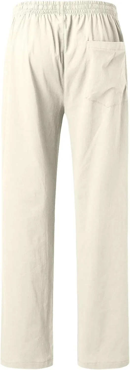 Men's Linen Pants Elastic Waistband Lightweight Straight Leg Beach Trousers Summer Loose Fit Breathable Comfort Pant