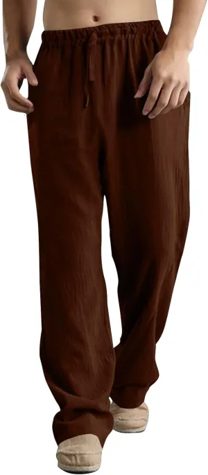 Men's Linen Pants Elastic Waistband Lightweight Straight Leg Beach Trousers Summer Loose Fit Breathable Comfort Pant